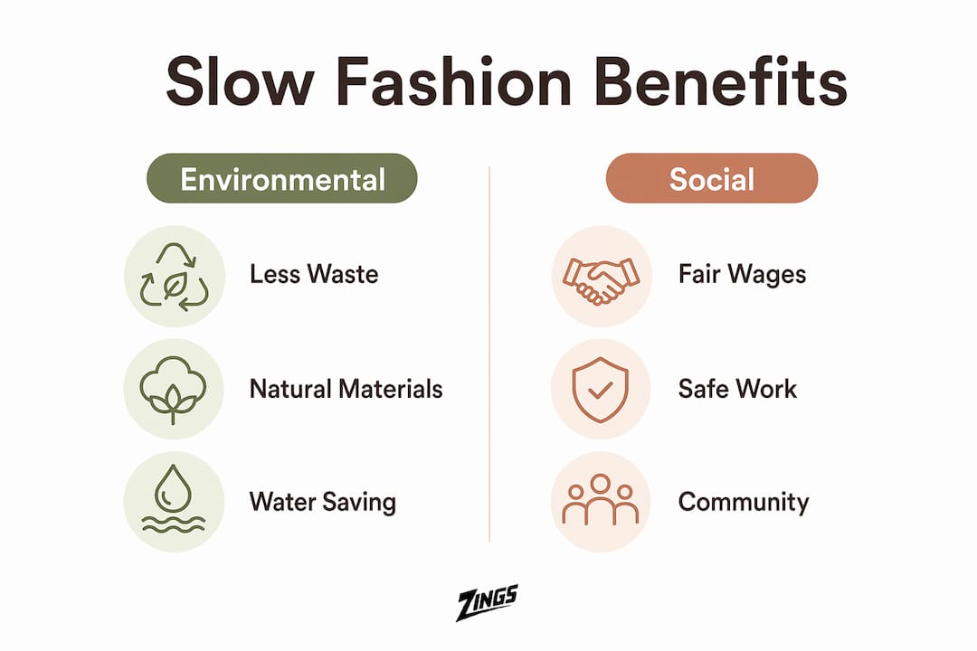 Infographic comparing environmental and social benefits of slow fashion