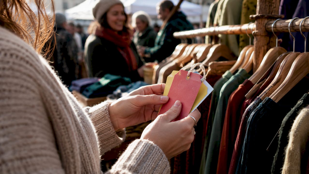 Shopper's hands holding seasonal sale clothing tags