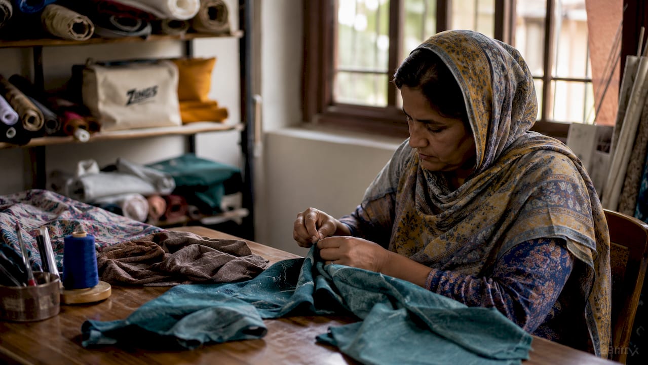 Factory worker sewing garment by hand