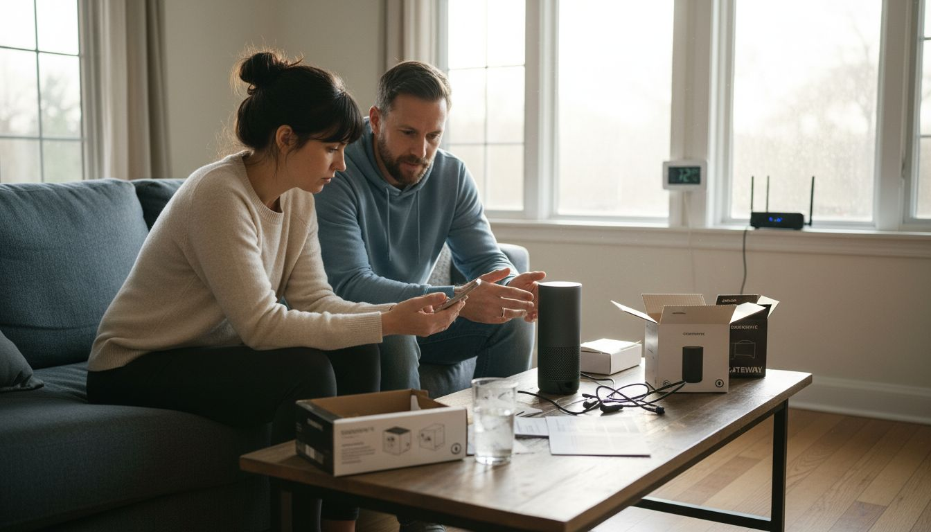 Couple setting up smart home devices in living room