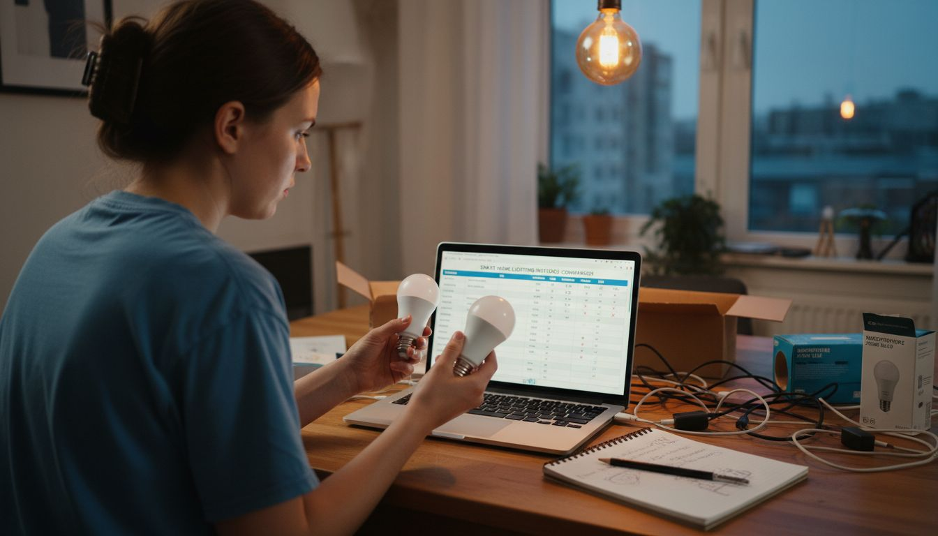 Woman comparing smart device protocols at table