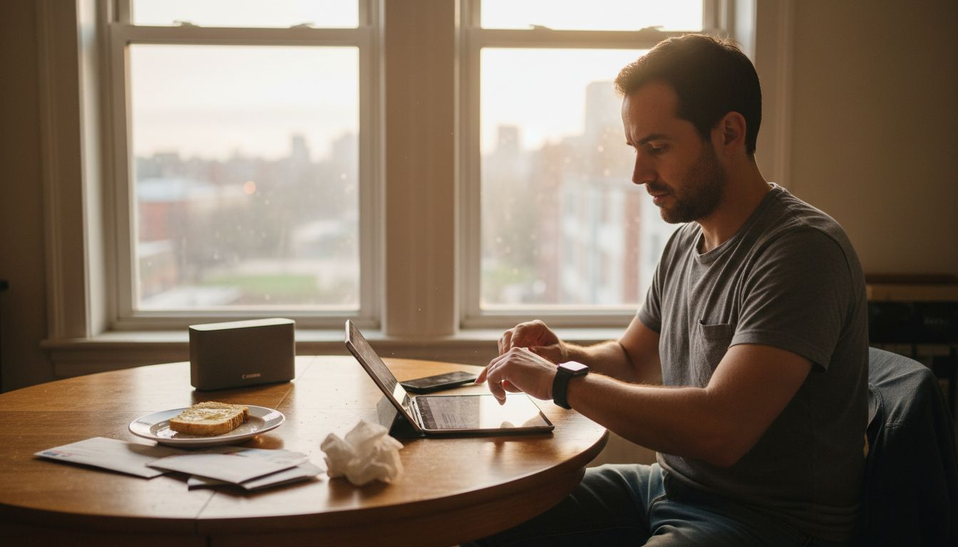 Man using gadgets in daily kitchen routine