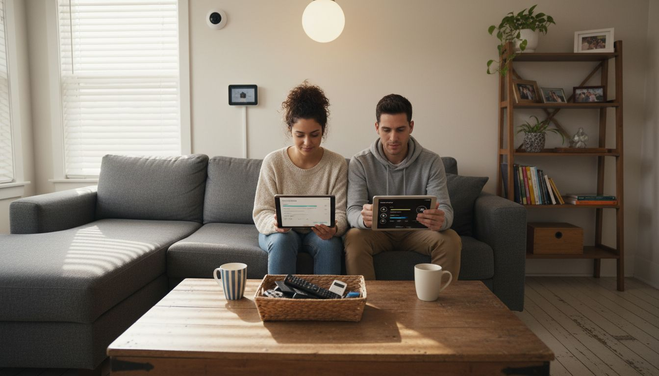 Couple using smart home devices in living room