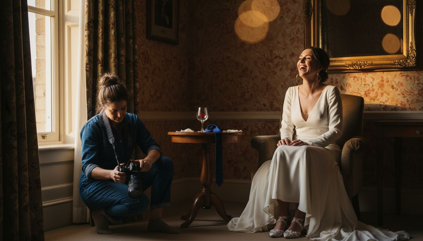 Photographer shooting bride in vintage suite