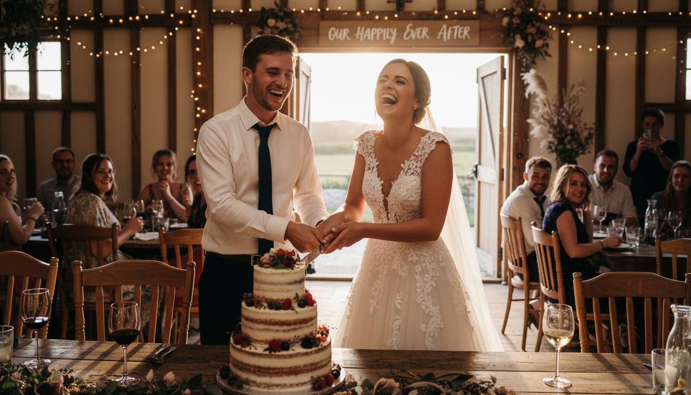 Candid wedding couple cake-cutting moment