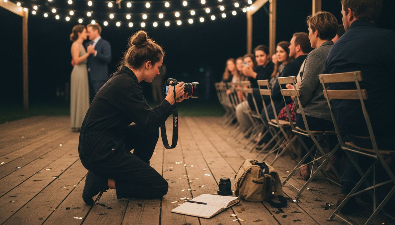 Bride and groom dancing, videographer filming moment