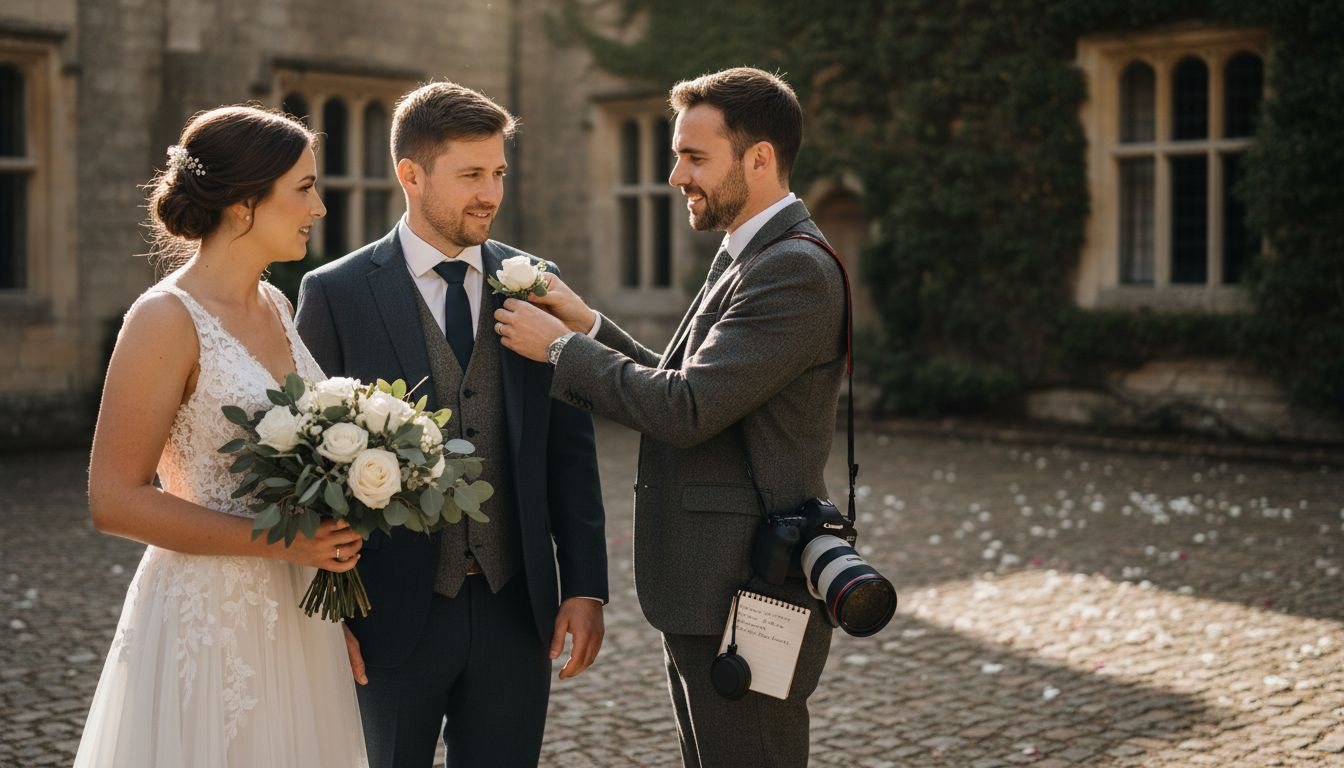 Photographer guiding bride and groom outside