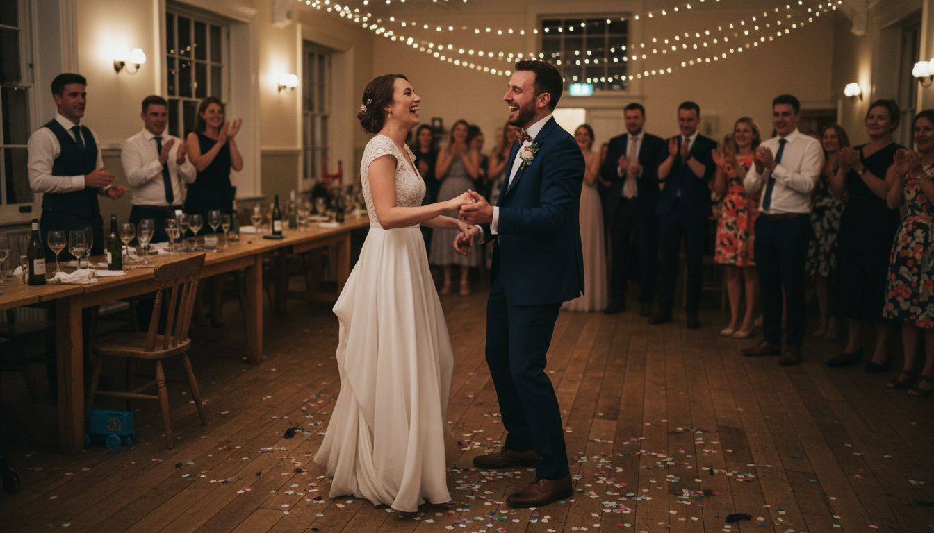 Couple laughing on dance floor at reception