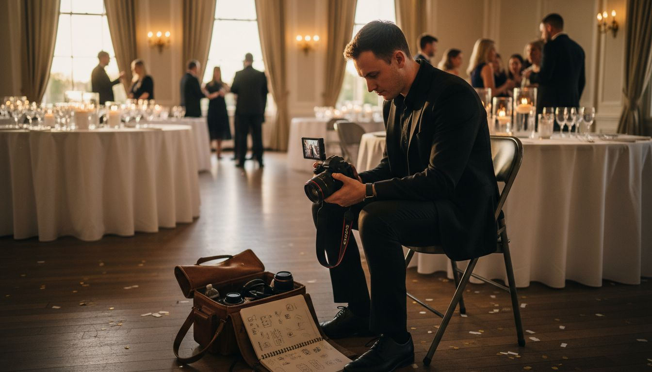 Videographer reviewing wedding footage in reception hall