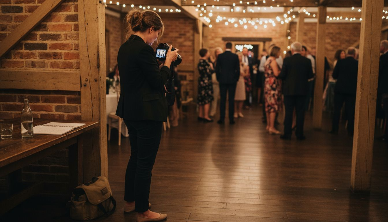Photographer reviewing images at wedding reception