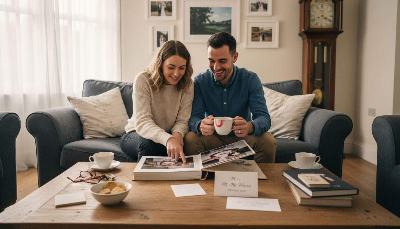 Couple reviewing wedding album photos together
