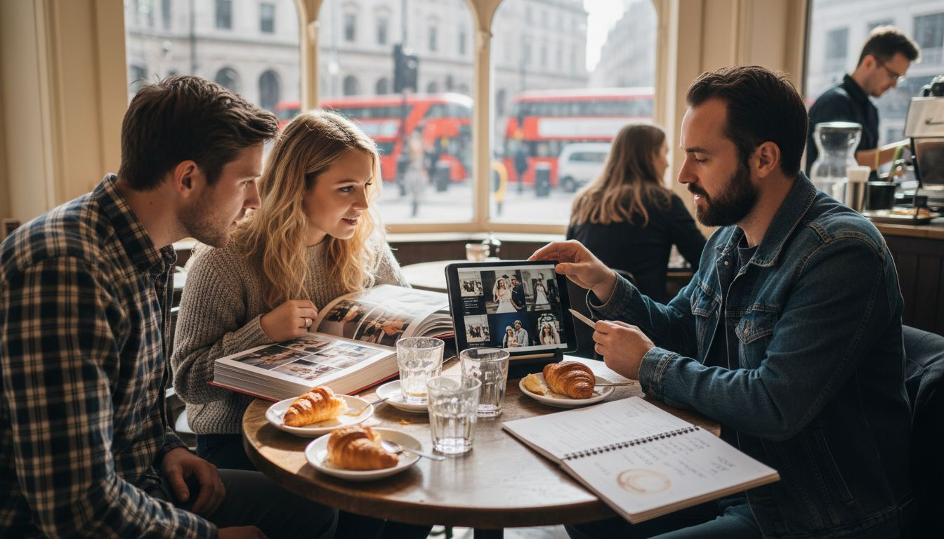 Couple reviewing videographer samples at café meeting