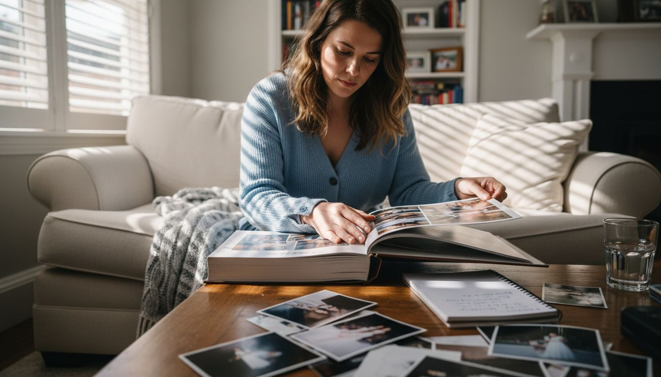 Woman reviews wedding photography portfolio at home
