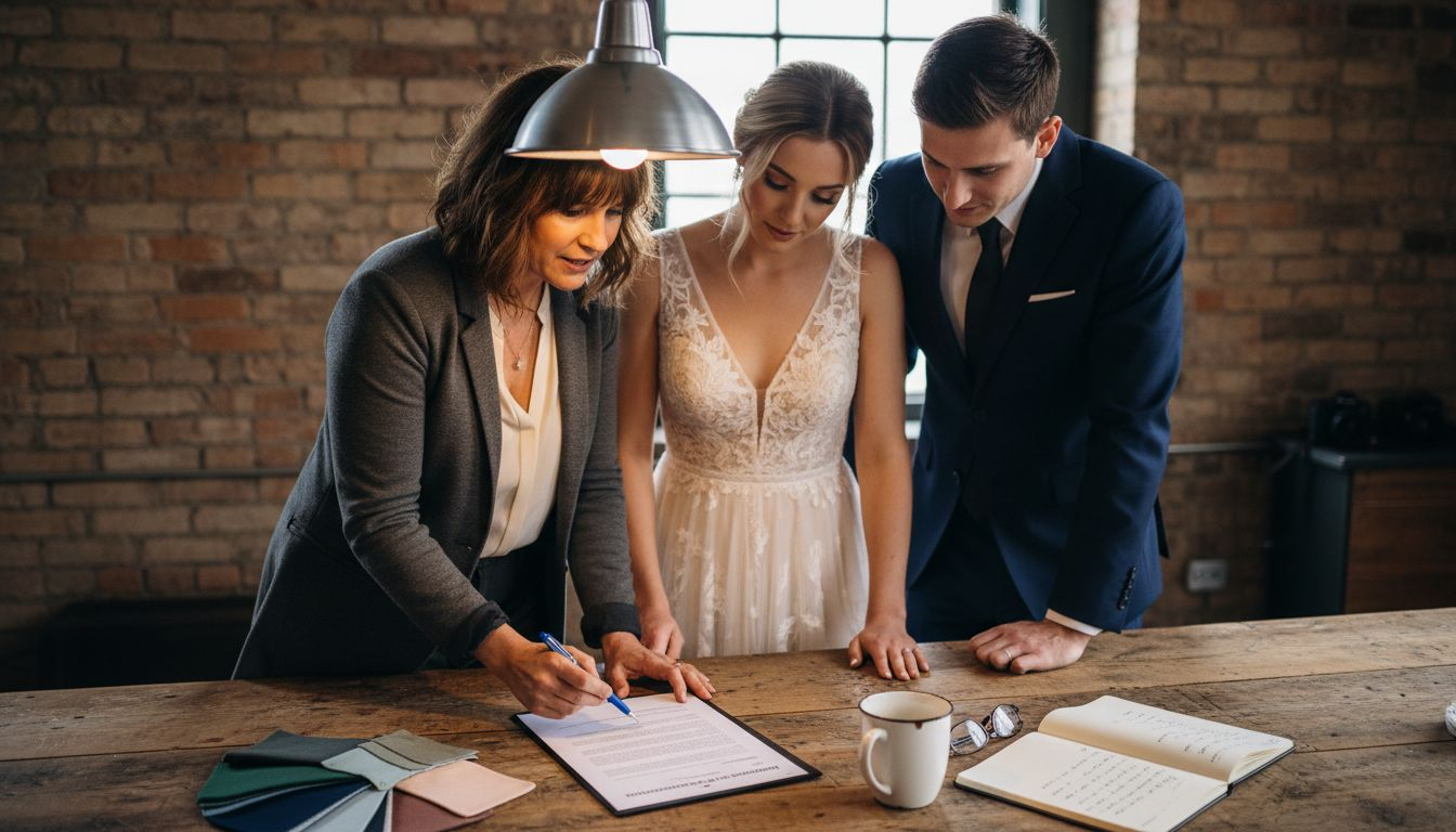 Photographer explains contract to wedding couple