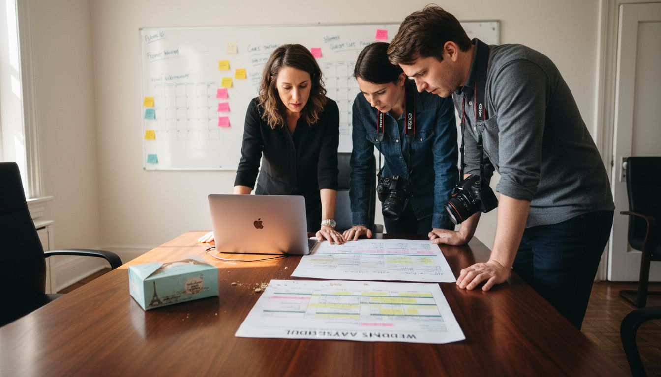 Wedding team reviews timeline in office