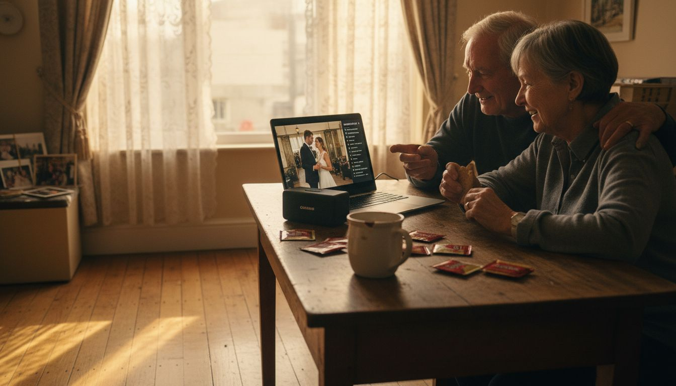 Family viewing multimedia wedding gallery in kitchen