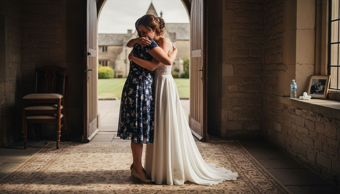 Bride hugging mother before ceremony