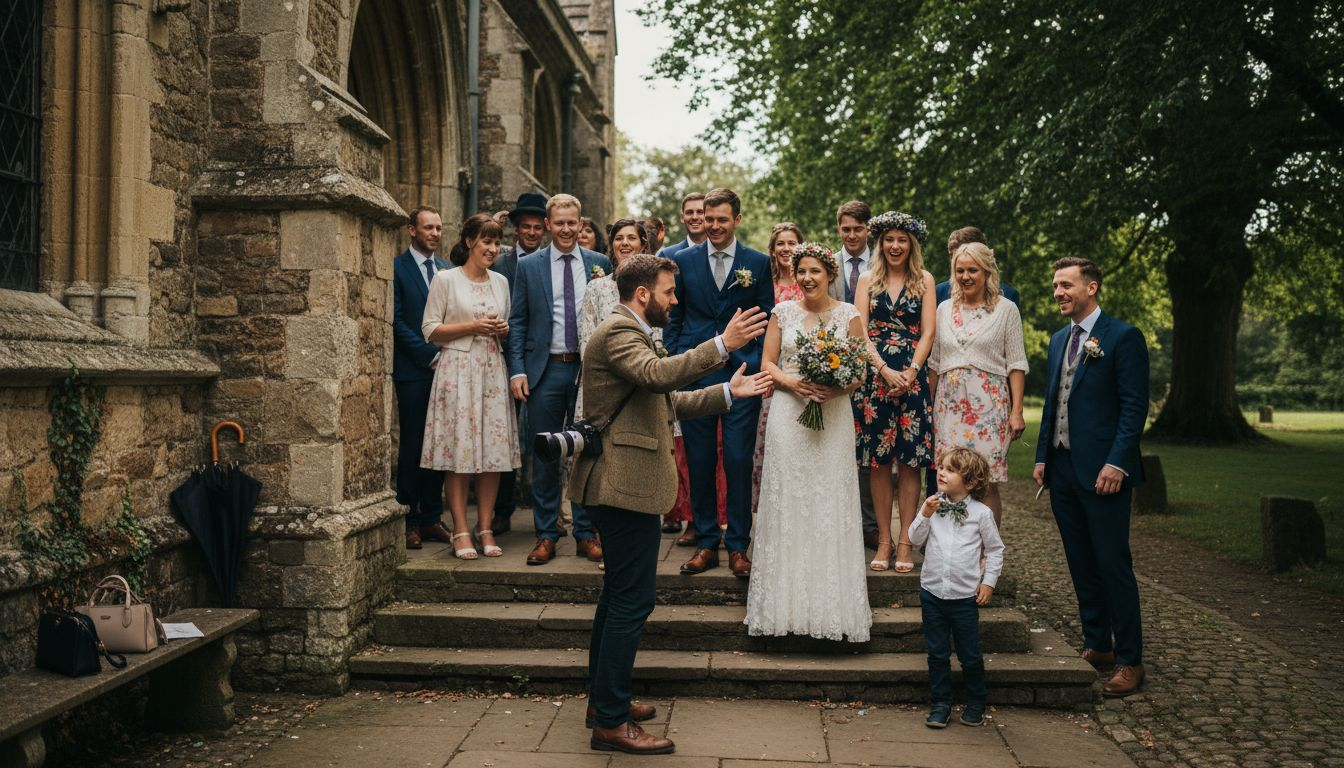 Guests grouped for wedding photo outside church