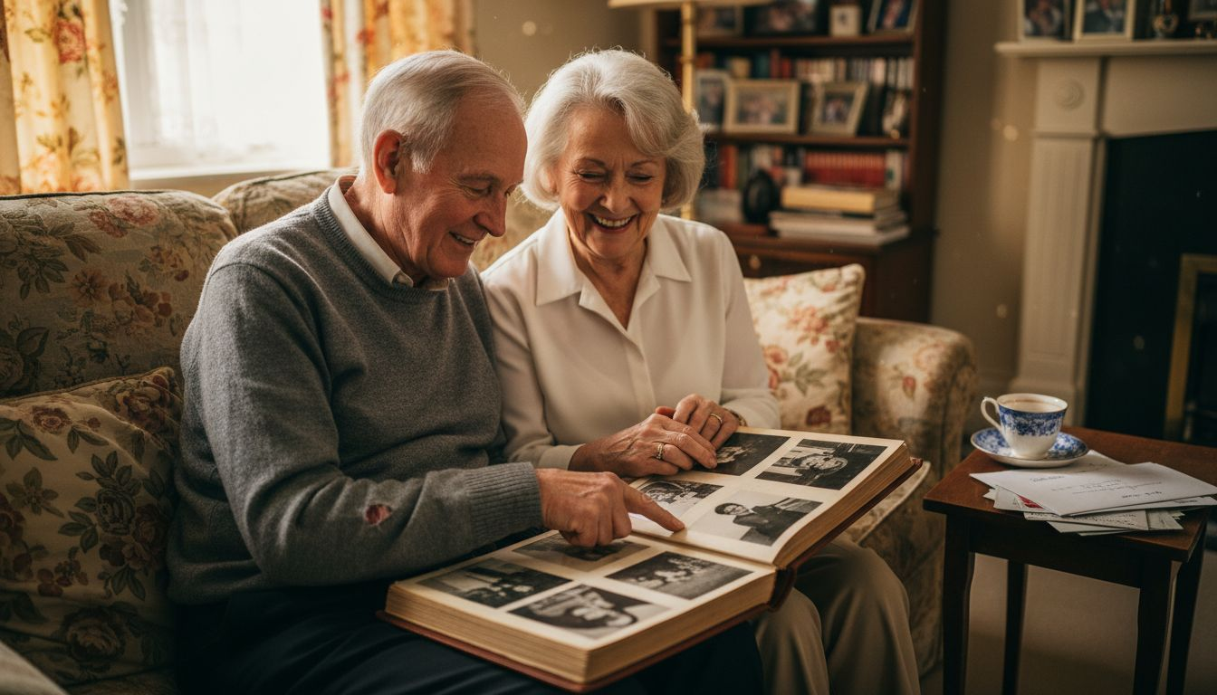 Elderly couple sharing wedding album memories
