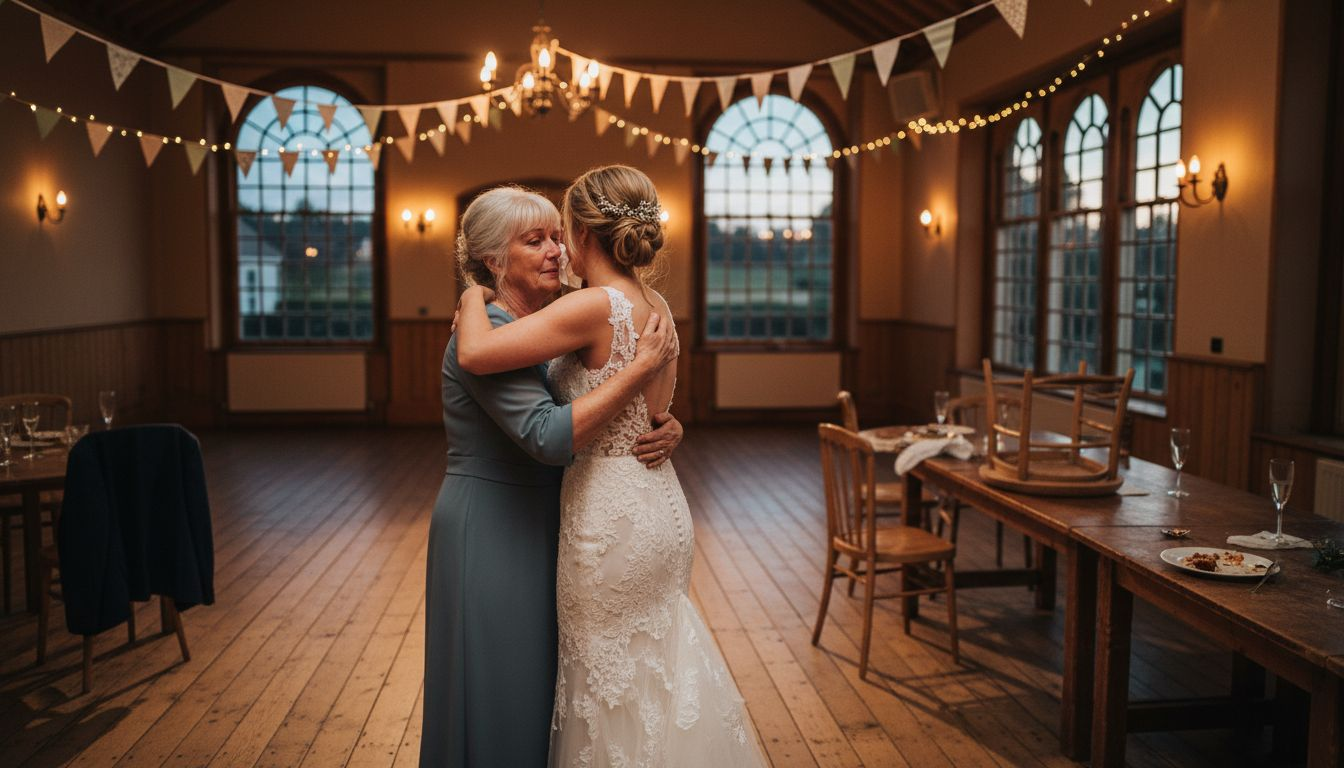 Candid emotional hug during wedding reception