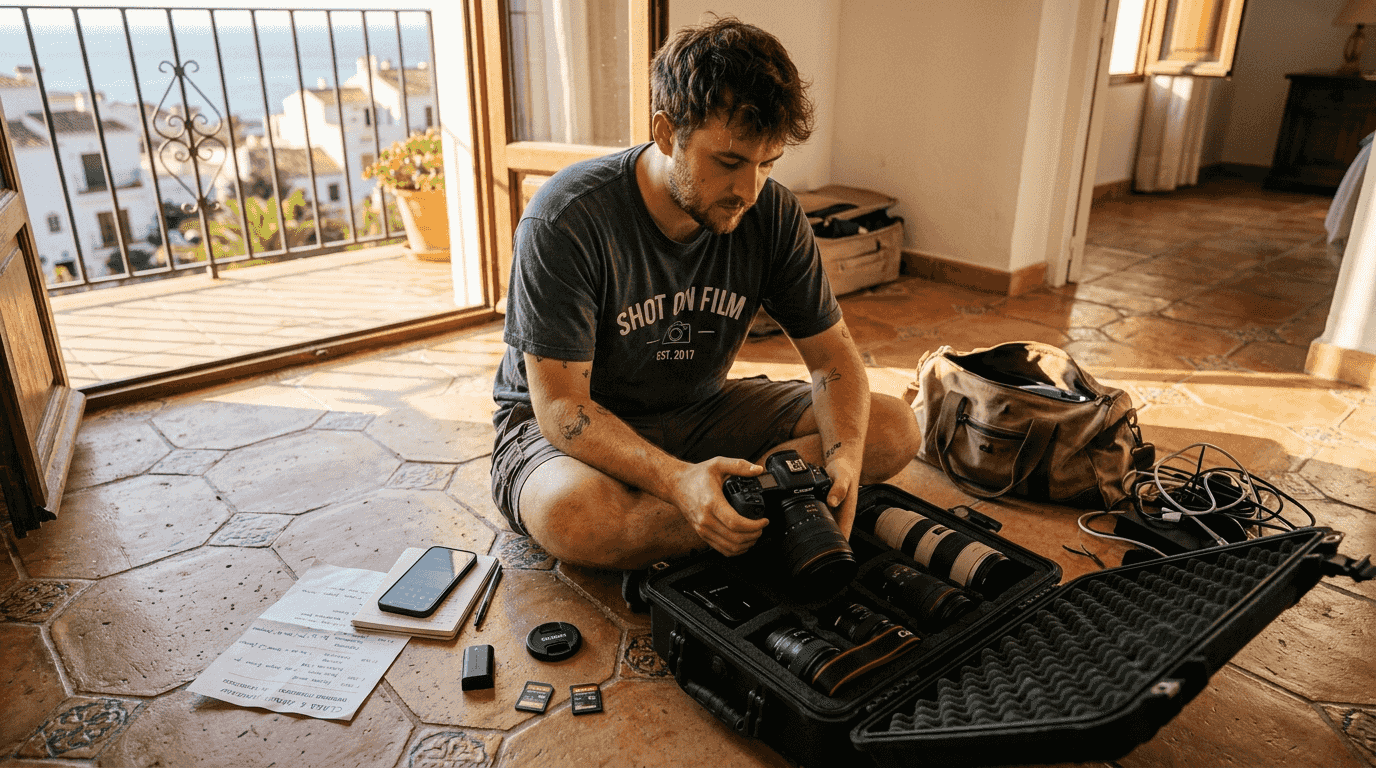 Photographer preparing travel gear for wedding