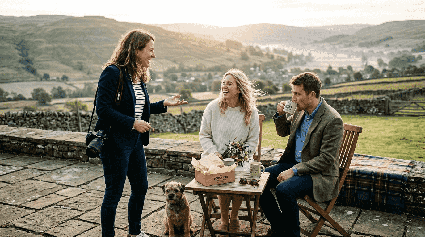 Photographer chatting with Yorkshire wedding couple