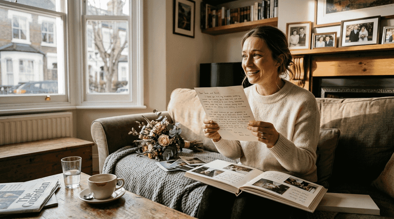 Bride reading emotional testimonial at home
