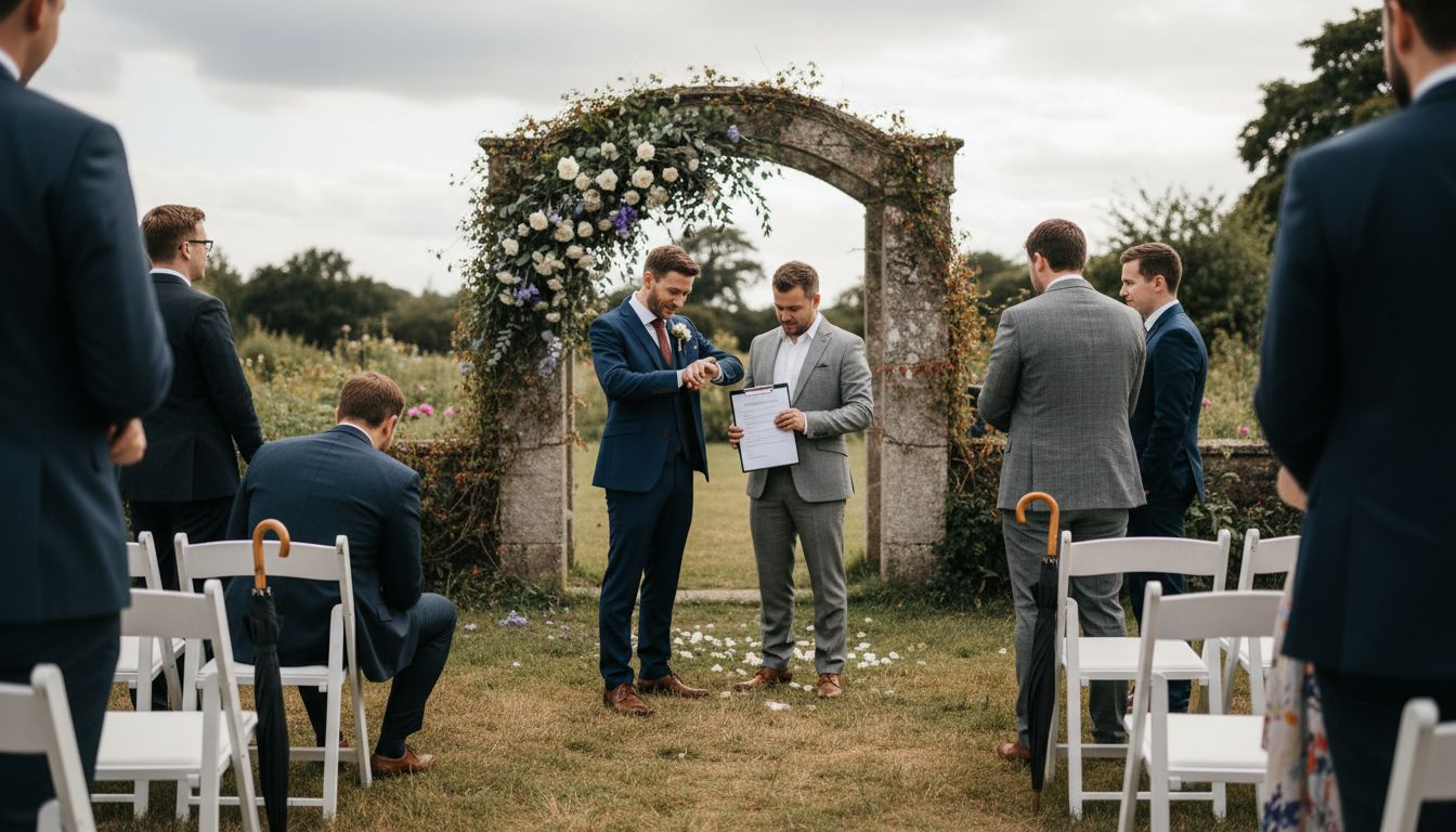 Outdoor ceremony setup with timeline checks