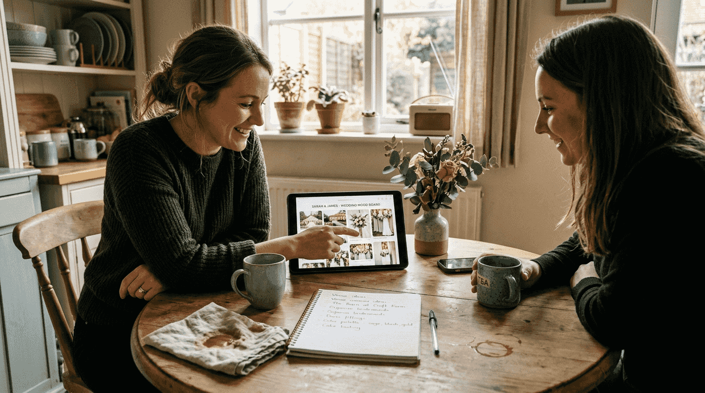 Bride sharing wedding mood board with friend