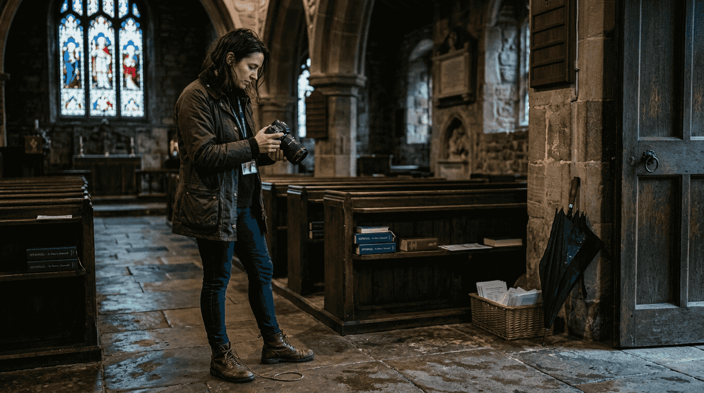 Photographer checking images in dim Yorkshire church