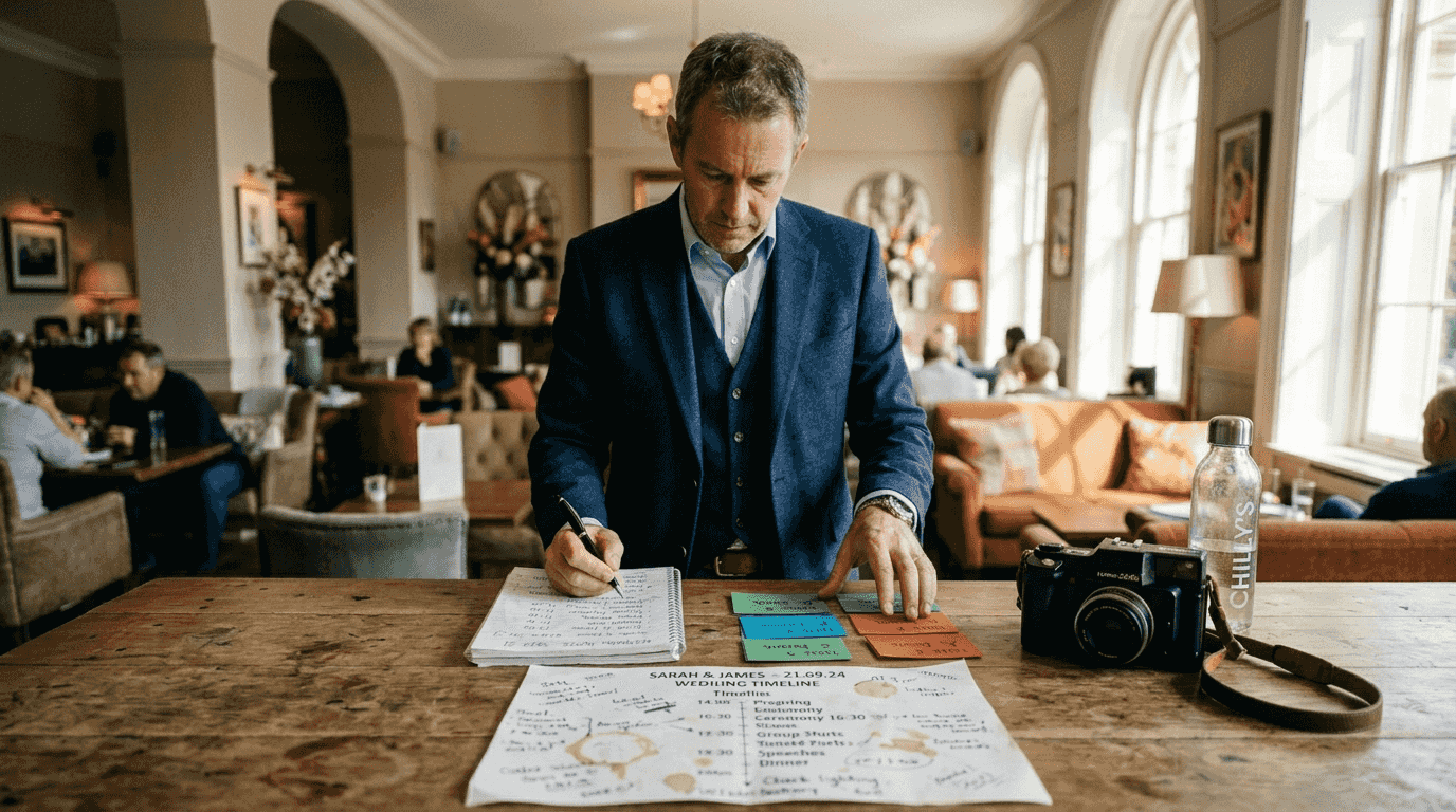 Photographer preparing wedding timeline and gear