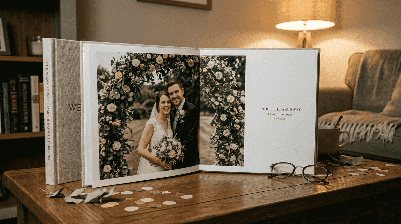Open wedding album showing hero layout