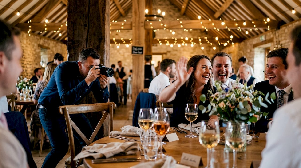 Photographer capturing candid reception laughter