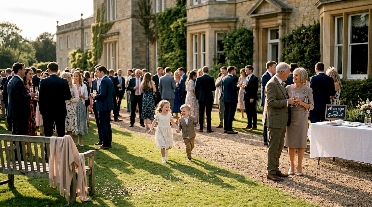 Wedding guests chat and children play outside estate