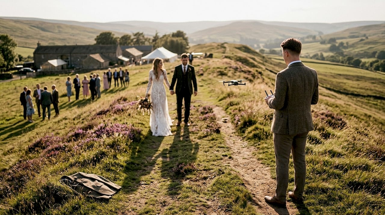 Bride groom drone wedding Yorkshire countryside