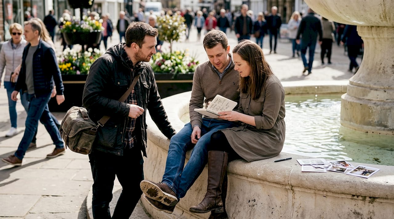 Couple and photographer planning shoot together