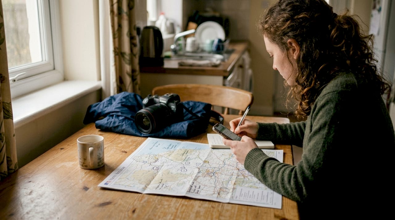 Photographer planning route with maps and camera nearby