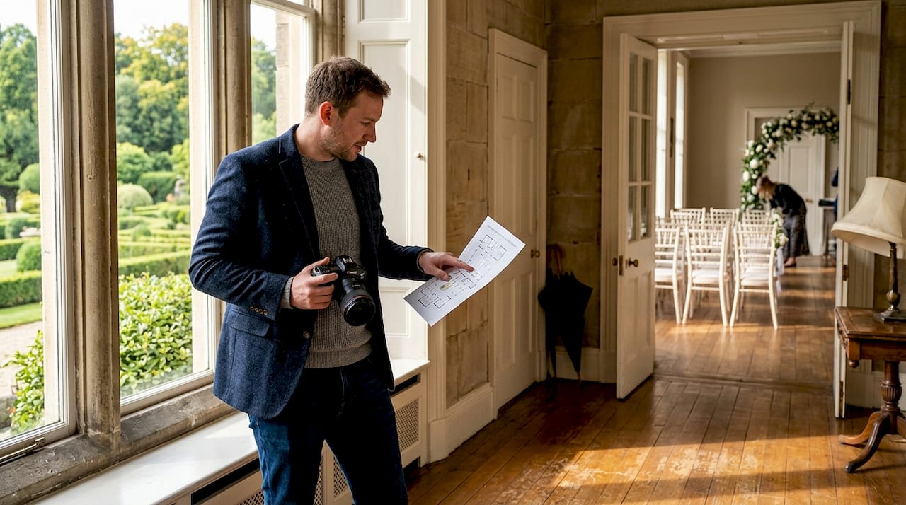 Photographer reviewing Yorkshire venue floor plan