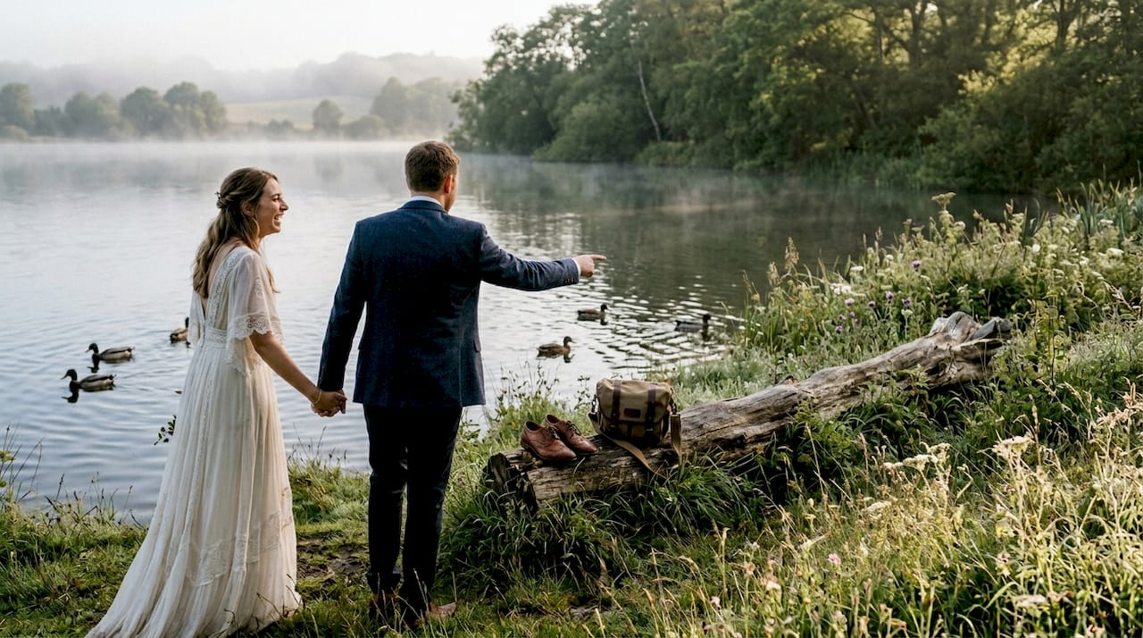 Couple walking by Suffolk wedding lake