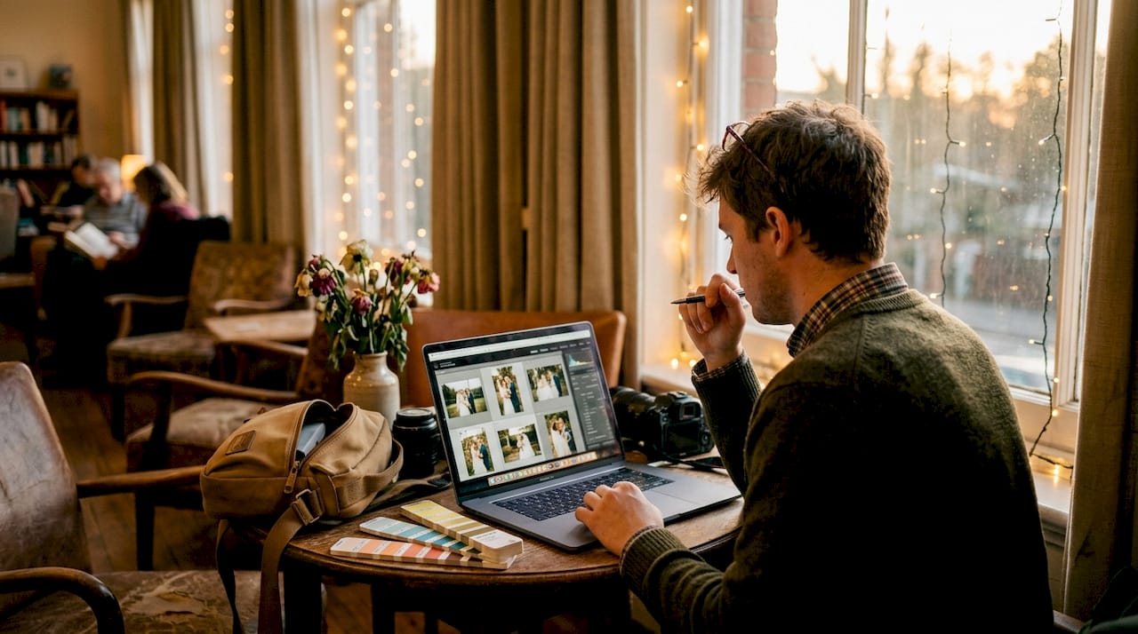Photo editor adjusting wedding images with fairy lights