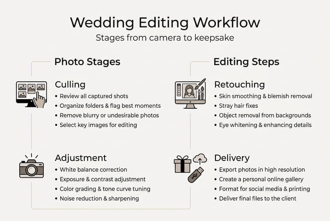 Infographic on key wedding photo editing steps