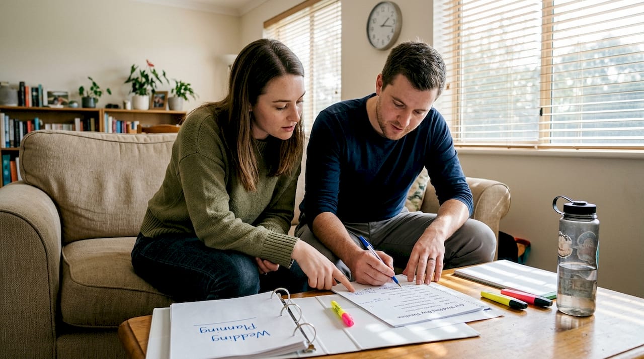 Couple updating wedding day timeline at home