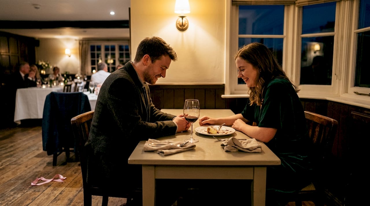 Couple laughing in candid wedding reception scene