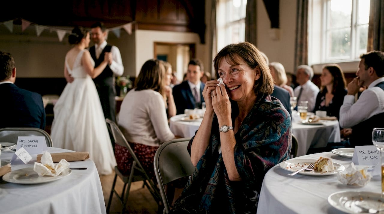 Mother wiping tear at wedding reception