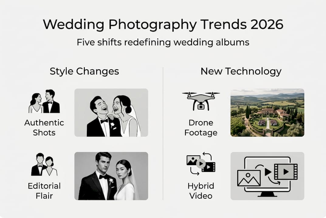 Infographic outlining 2026 wedding photo trends