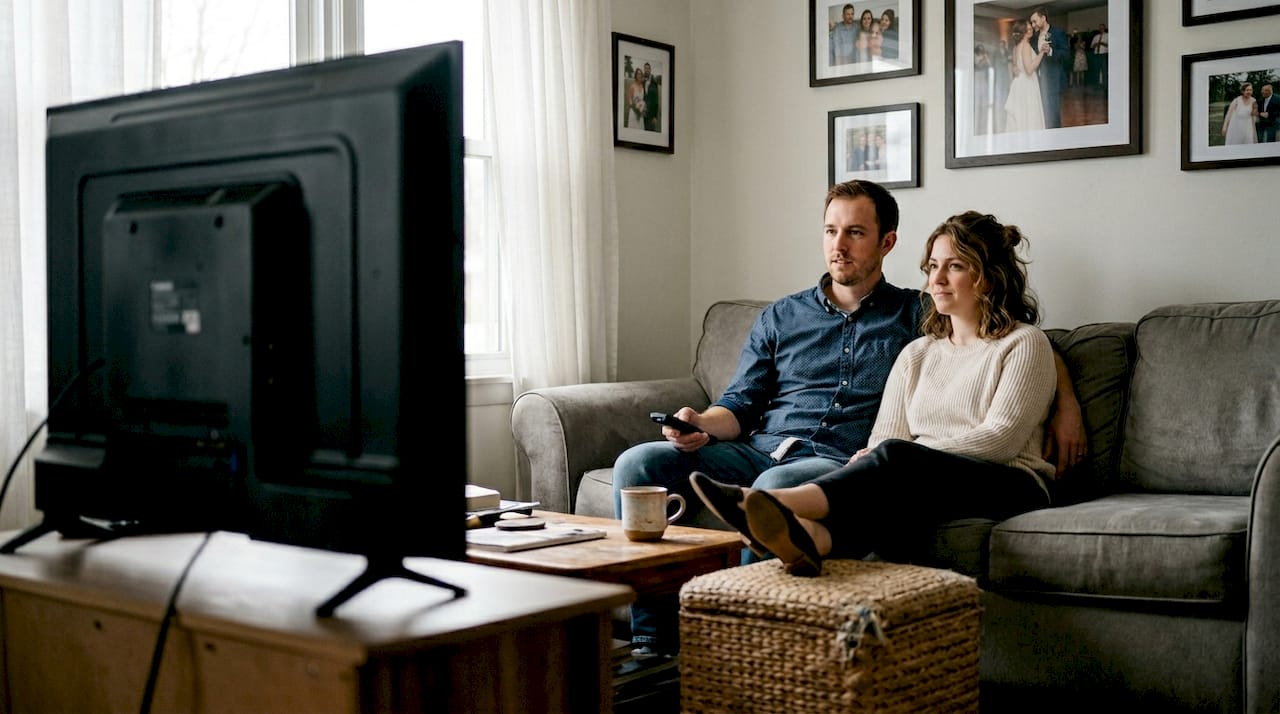 Couple watching wedding film at home