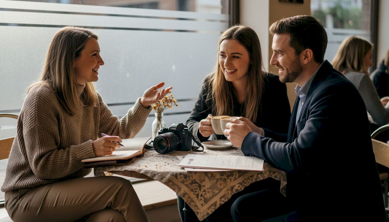 Photographer meeting with wedding couple at café