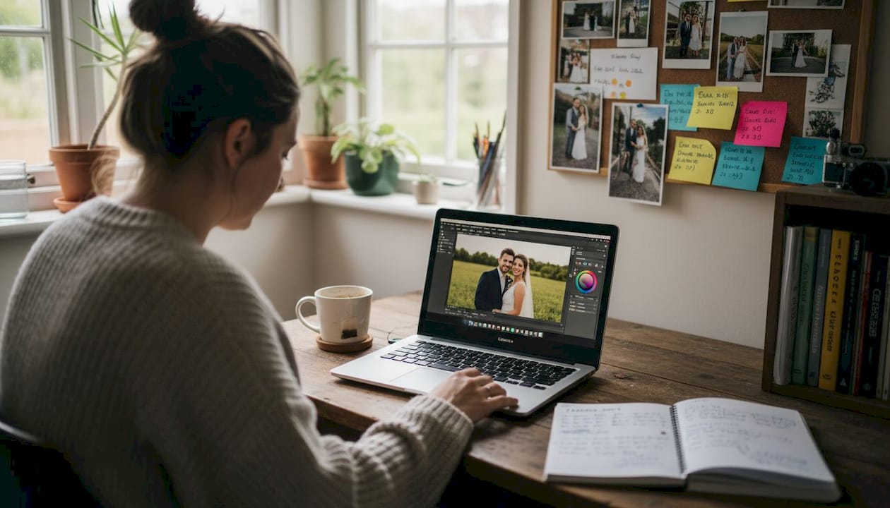 Photographer editing wedding image in home studio