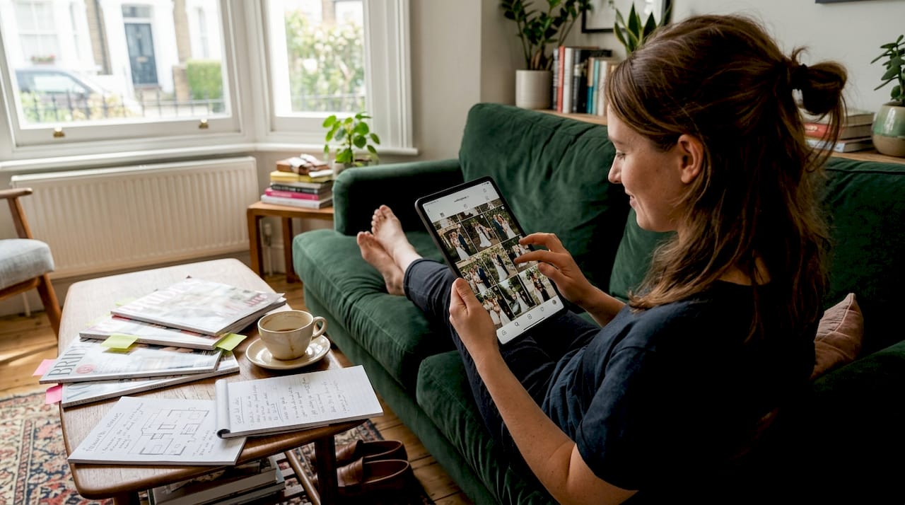 Bride browsing wedding photographers on Instagram