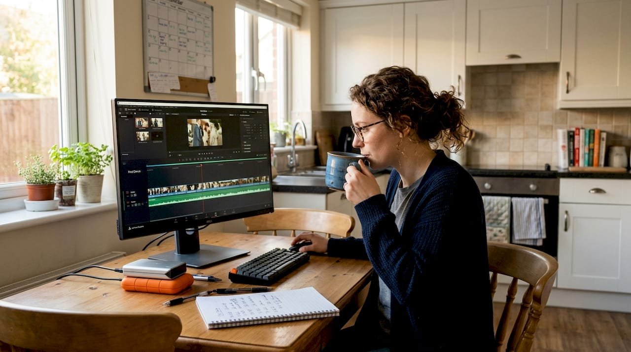 Video editor reviewing wedding footage with sound timeline